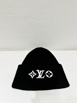LV black logo embroidered wool beanie, unisex, 100% wool,