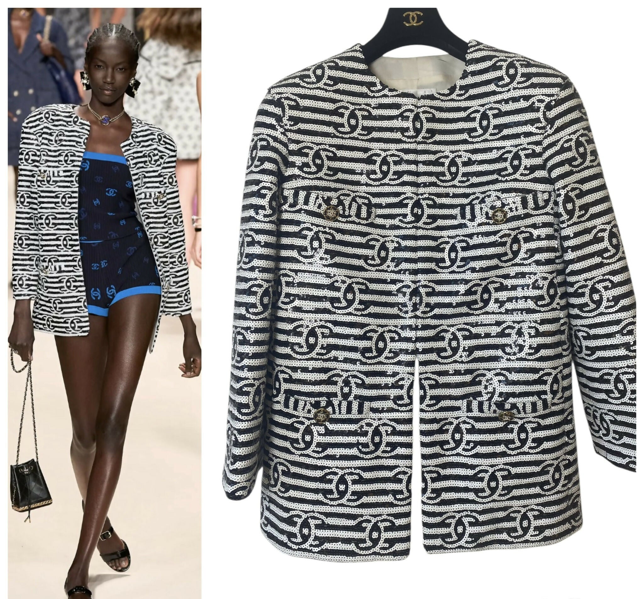 Chanel 22S Runway Sequin CC Logo Black and White Jacket FR