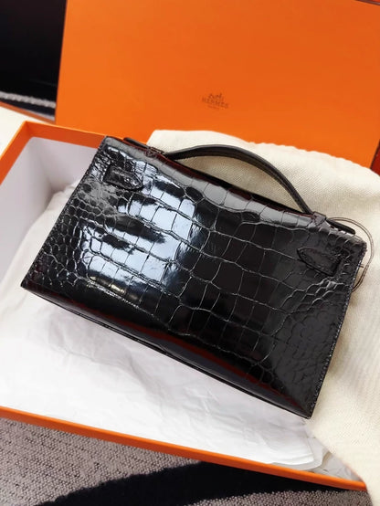 Hermes Kelly Pochette Shiny crocodile leather Gold hardware