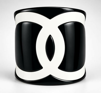 Chanel 2004 CC Wide Black White Resin Statement Bracelet Cuff
