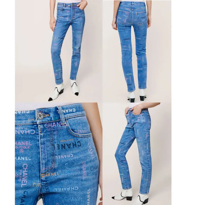 CHANEL 22P Blue & Multicolor Logo Printed Denim Jeans FR 40