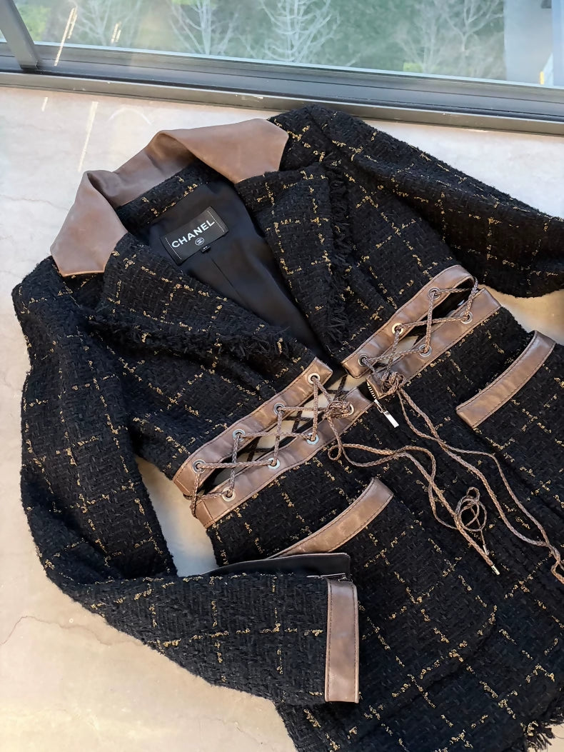 Chanel 16k black and gold tweed & leather jacket