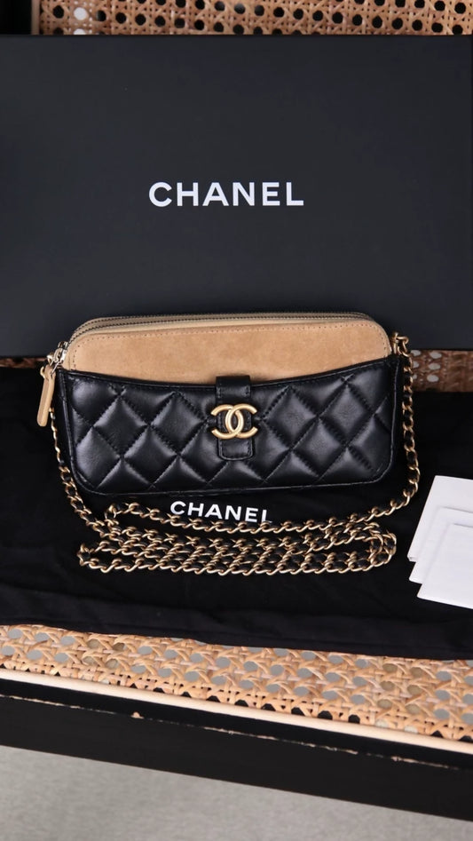 Chanel 25A Camel Suede and Black Lambskin Shoulder Bag