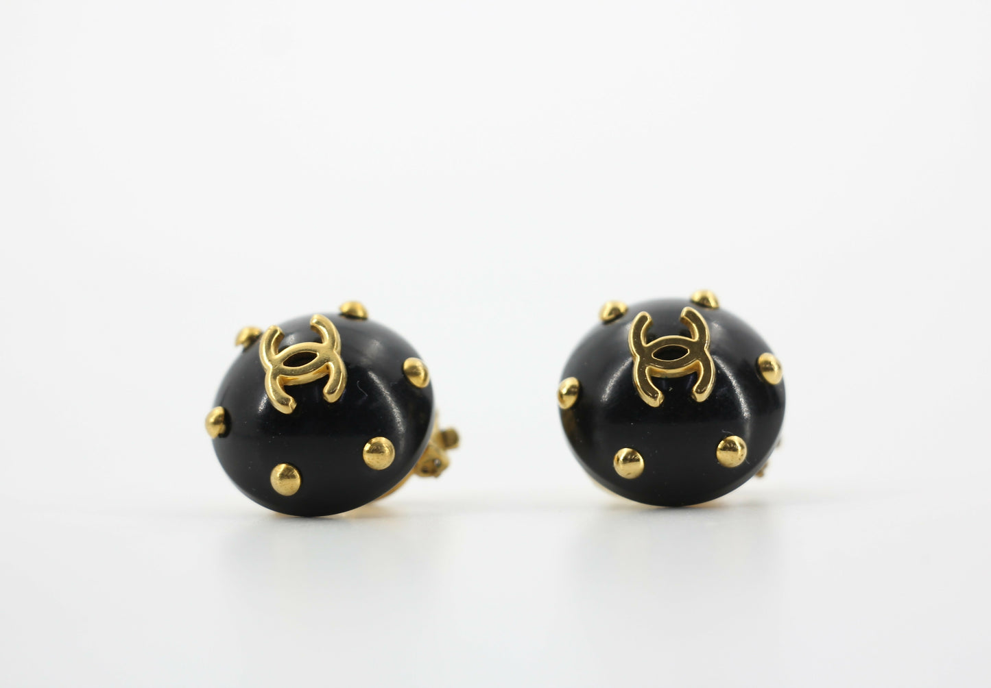 Chanel Vintage 96C Resin Black and Gold Polka Dot Clip-on Earrings