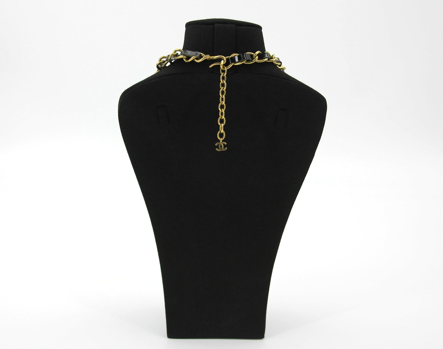 Chanel Vintage 95P Rhinestone Gold-plated Black Leather Chain CC Choker