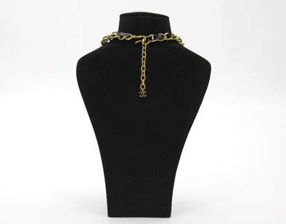 Chanel Vintage 95P Rhinestone Gold-plated Black Leather Chain CC Choker