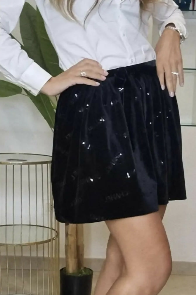 CHANEL 22B COCO NEIGE VELVET BLACK SEQUIN CC BOW SKIRT FR 38