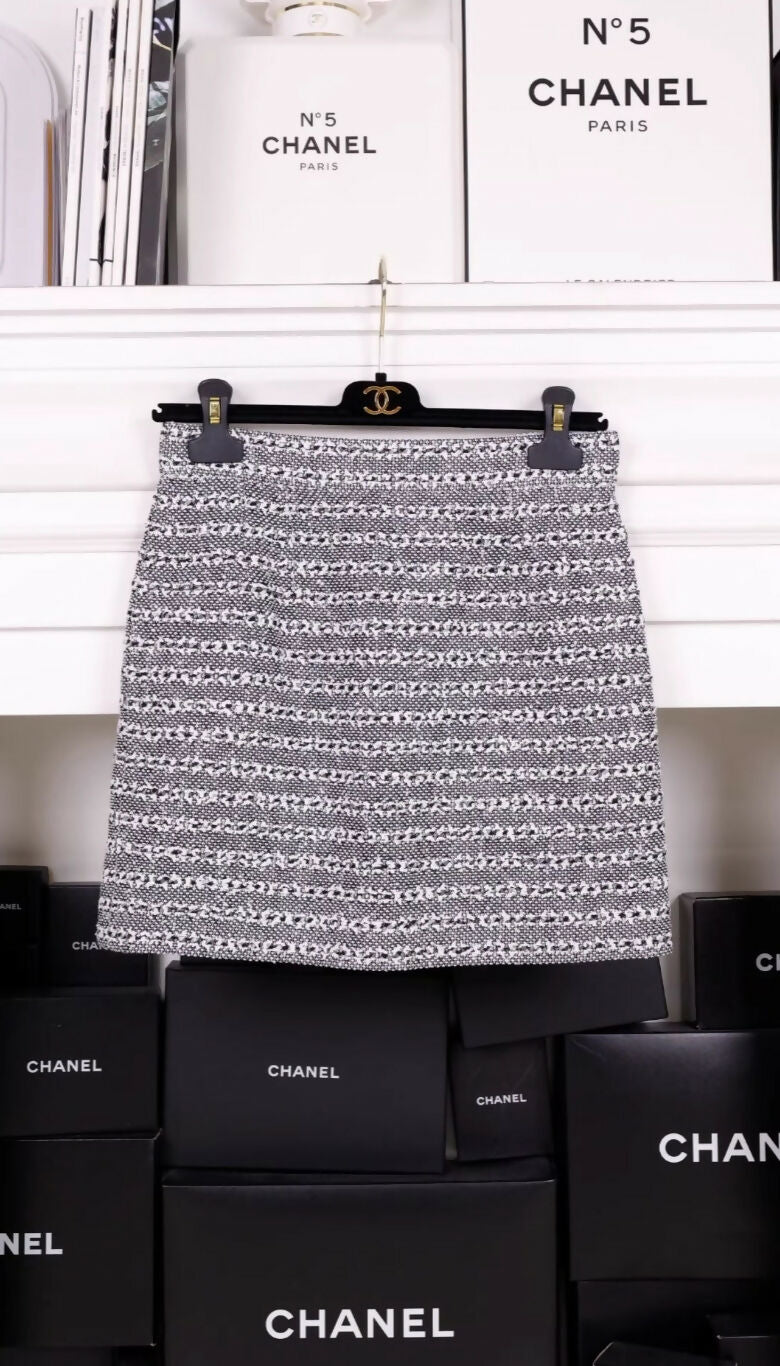 Chanel 24P gray and white striped jacket and skirt suit