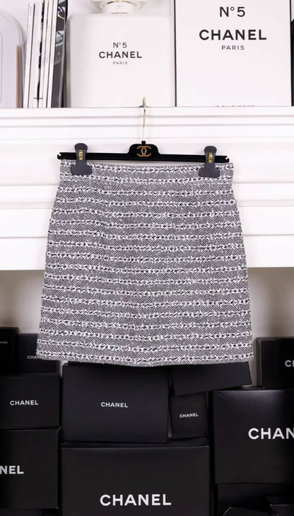 Chanel 24P gray and white striped jacket and skirt suit