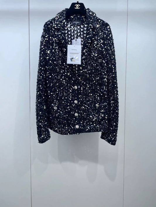 Chanel 23C black sequin cardigan