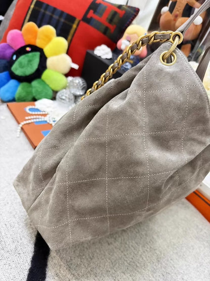 Chanel 26C Grey Suede Maxi Hobo, large size gold hardware shoulder bag