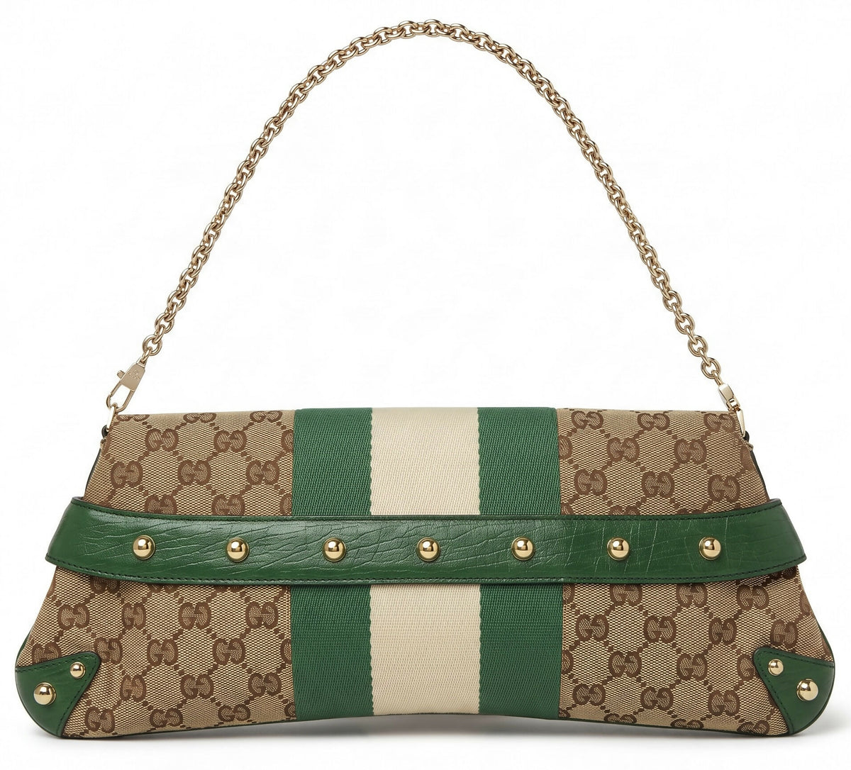 Gucci Large 1955 Tom Ford Classic Green Ivory GG Monogram Horsebit Clutch Handbag Gold hardware