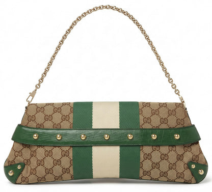 Gucci Large 1955 Tom Ford Classic Green Ivory GG Monogram Horsebit Clutch Handbag Gold hardware