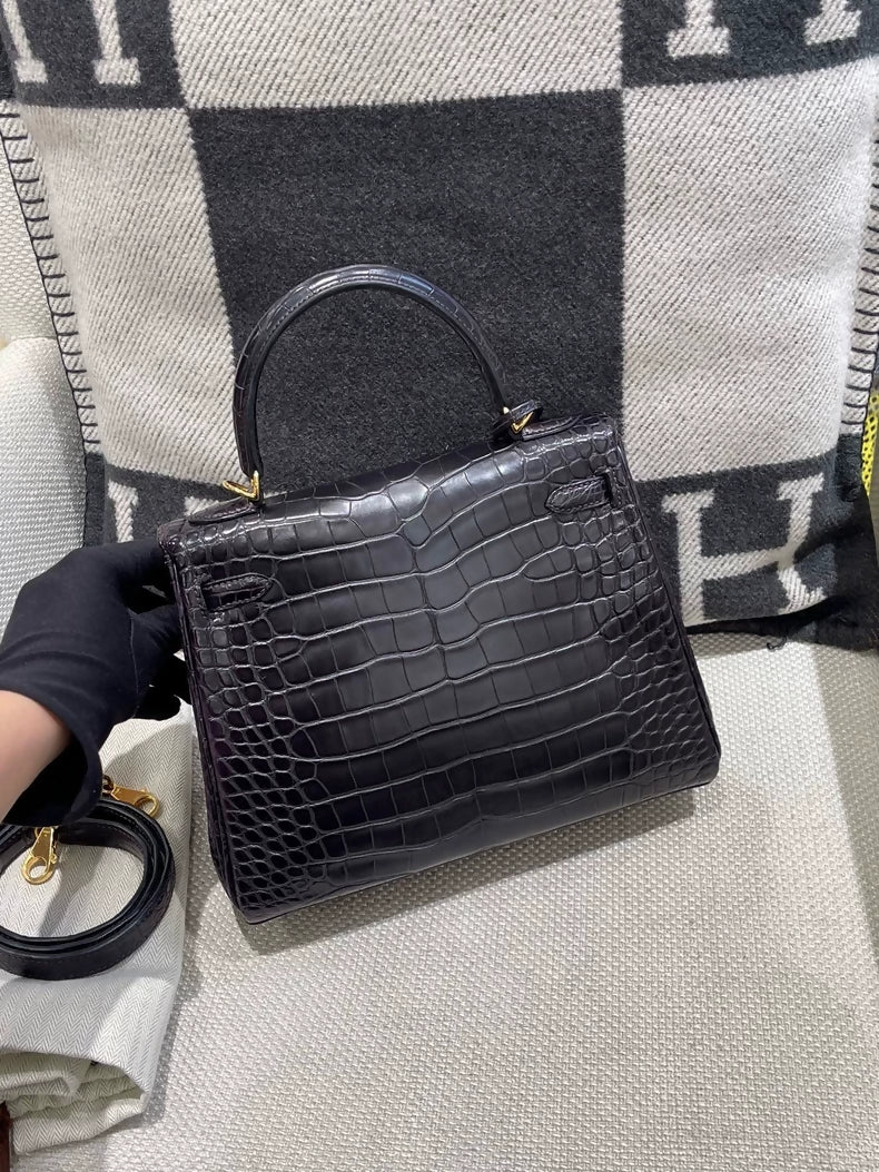 Hermes Kelly 25 black and purple matte alligator leather gold hardware