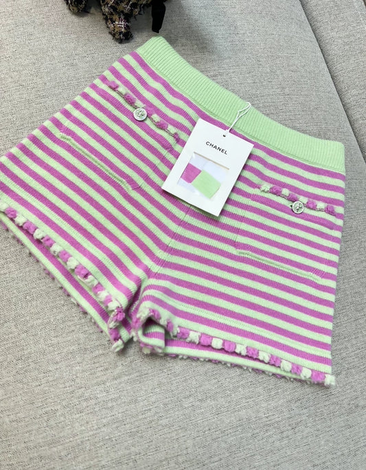 Chanel 25s pink and green striped knit shorts