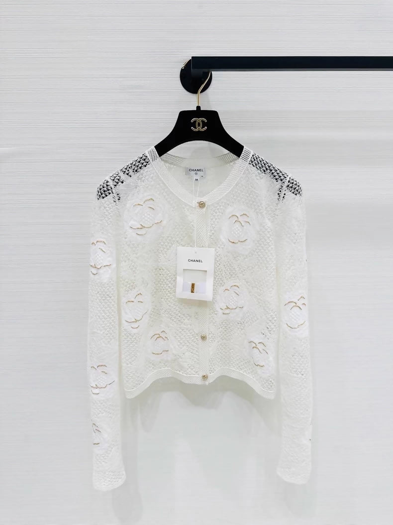 Chanel 26C White Lace Camellia Cardigan