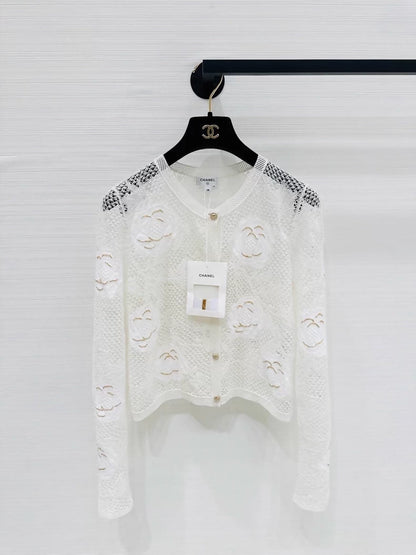 Chanel 26C White Lace Camellia Cardigan