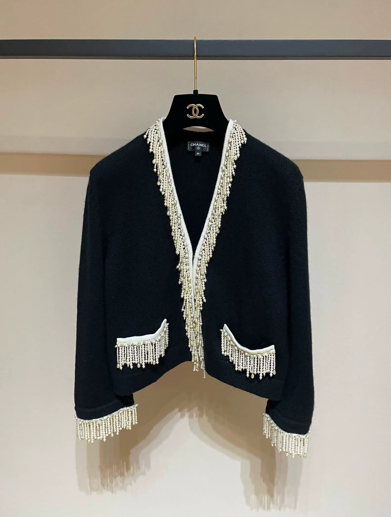 Chanel 21k embellished pearl and rhinestone button blue knit cardigan