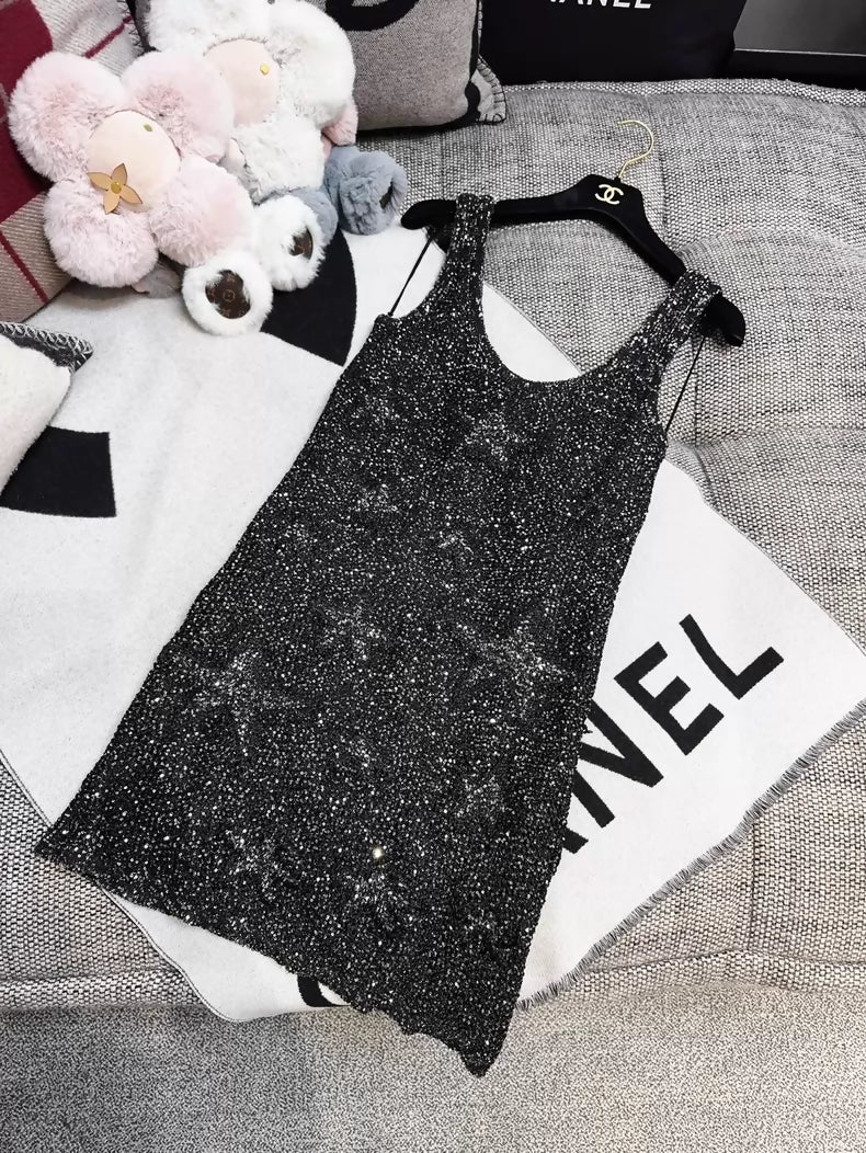 Chanel 24C Black and Silver Glittering Star Sequin Dress