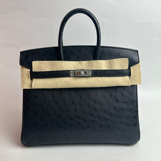 Hermes Birkin 25 black ostrich  leather palladium hardware