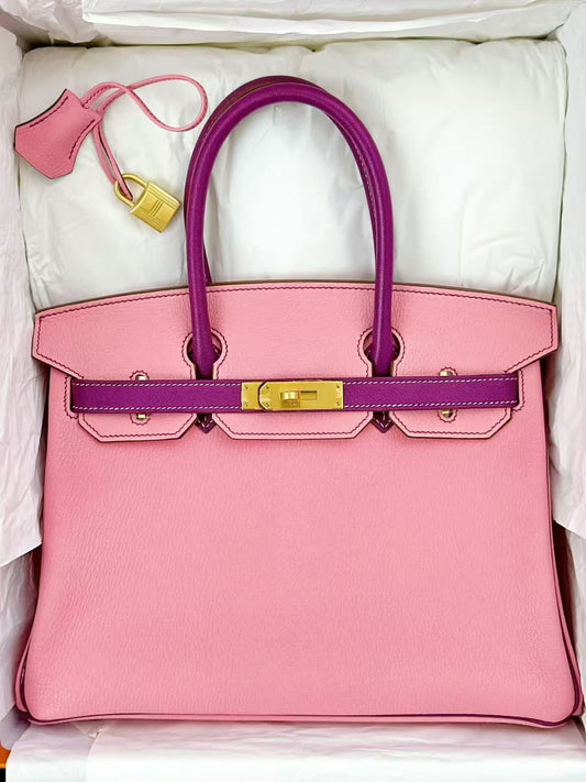 Hermes Birkin 30 Rose Confetti / Anemone Chevre Brushed gold hardware