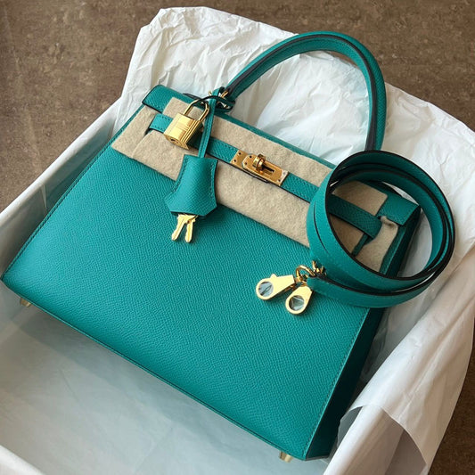 Hermes Kelly 25 Blue Paon Epsom Gold hardware