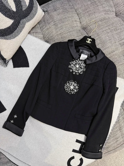 Chanel 06A black embroidered crystal button tweed jacket and skirt