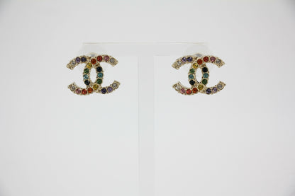 Chanel A19S Rhinestone Multicoloured CC Logo Stud Earrings