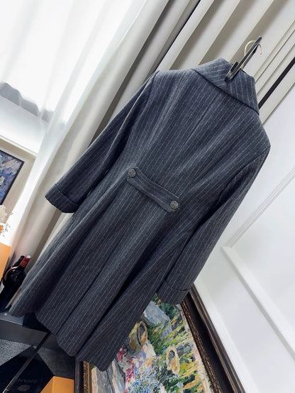 Chanel Grey Pinstriped Long Coat