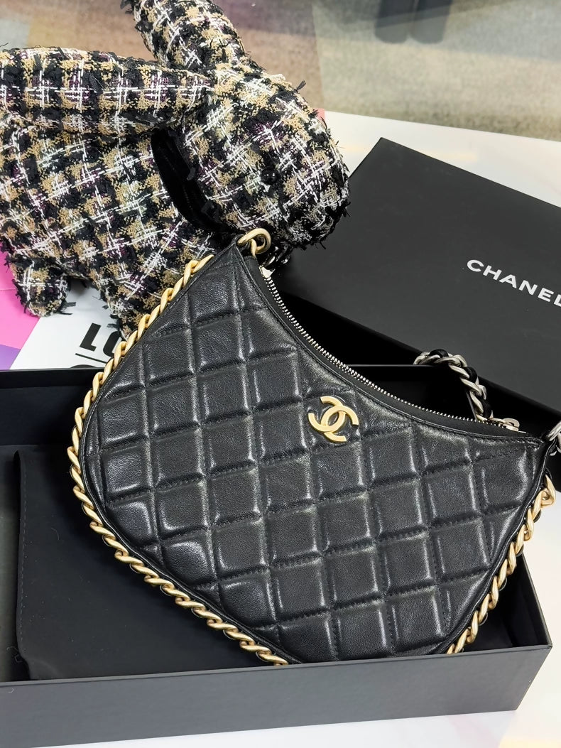 Chanel 23B black and gold quilted hobo shoulder bag with chain strap