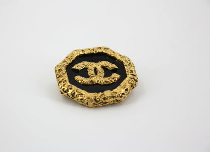 Chanel Vintage 93A Lava Octagonal CC Logo Black and Gold Tone Brooch