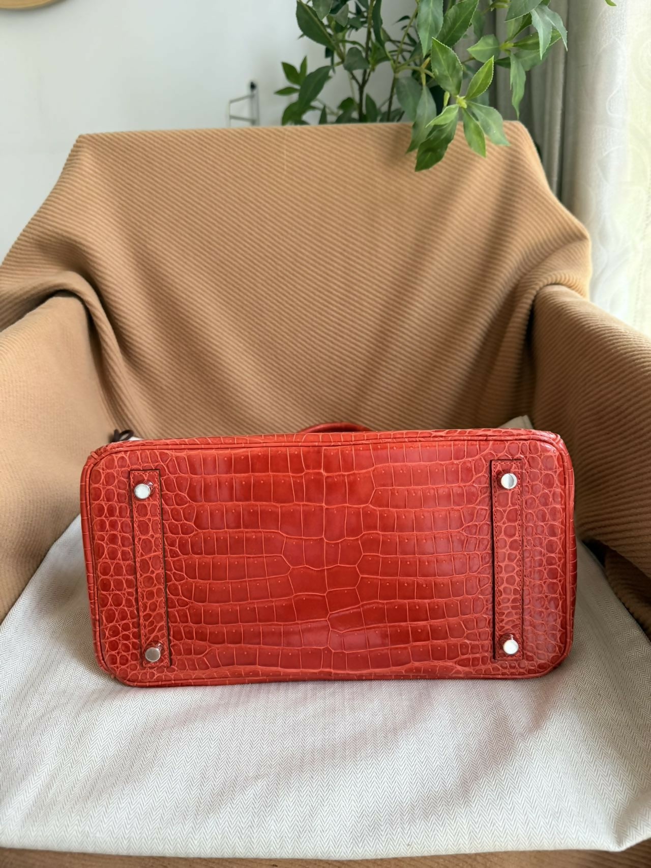 Hermes Birkin 35 Braise shiny croc white gold diamond hardware