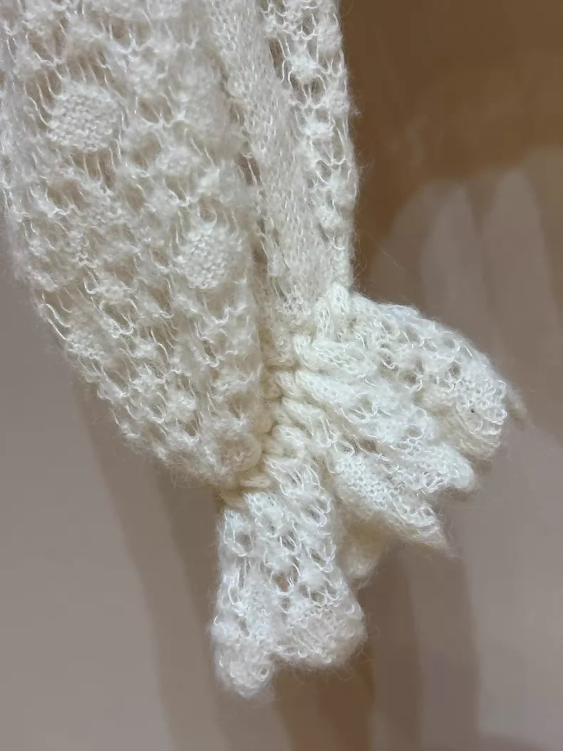 Chanel 23k ecru white crochet puff sleeve cashmere knit top