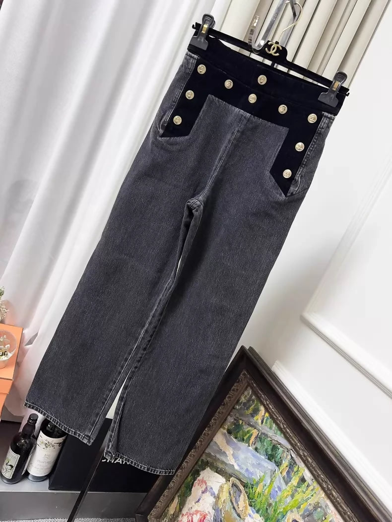 Chanel 20A black and grey velvet patchwork denim jeans