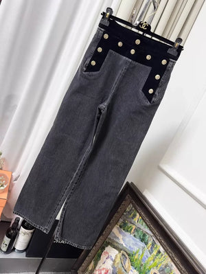 Chanel 20A black and grey velvet patchwork denim jeans
