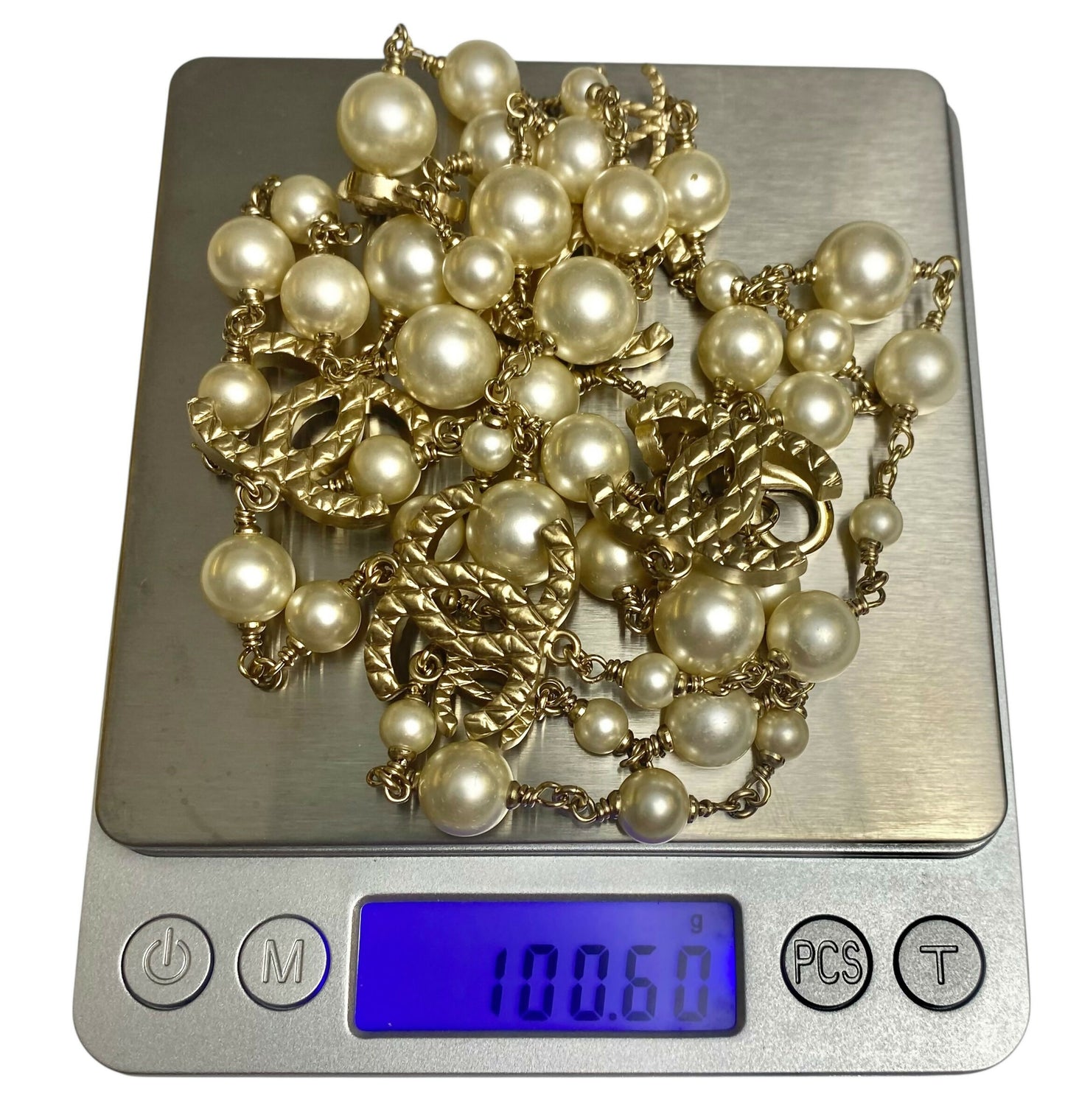 Chanel 10A Shanghai Extra Long Pearl Gold Strand 8 CC Logo Necklace