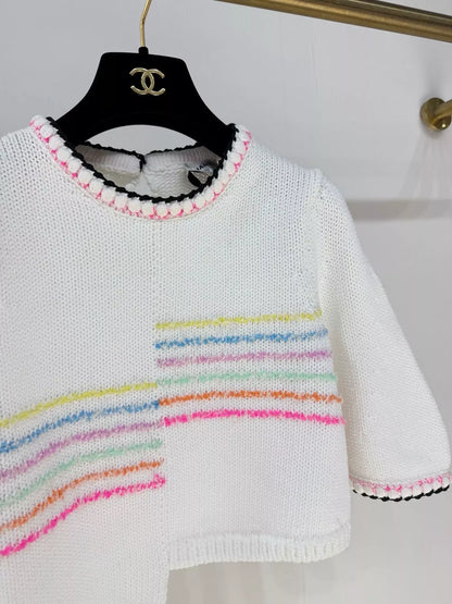 Chanel 24S white Rainbow Striped Knit Top