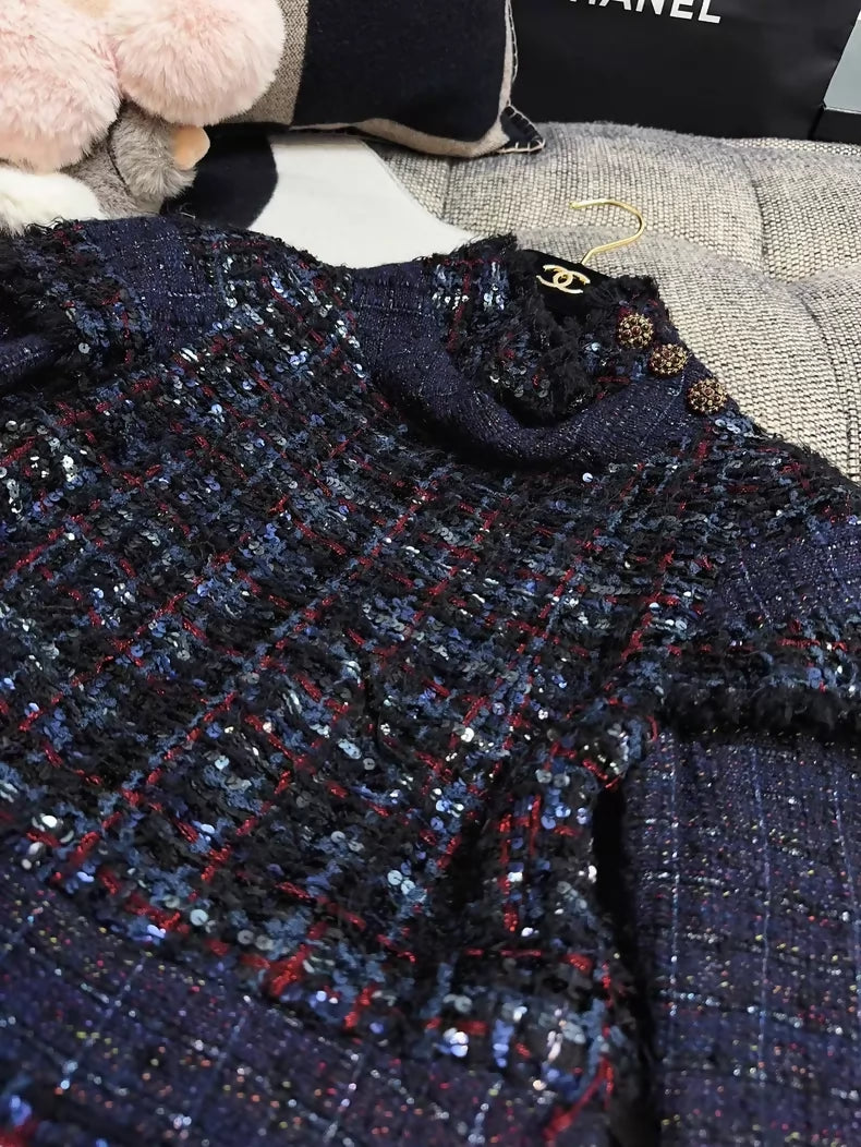 Chanel 2013 Deep Blue Pleated Sequin Tweed Dress