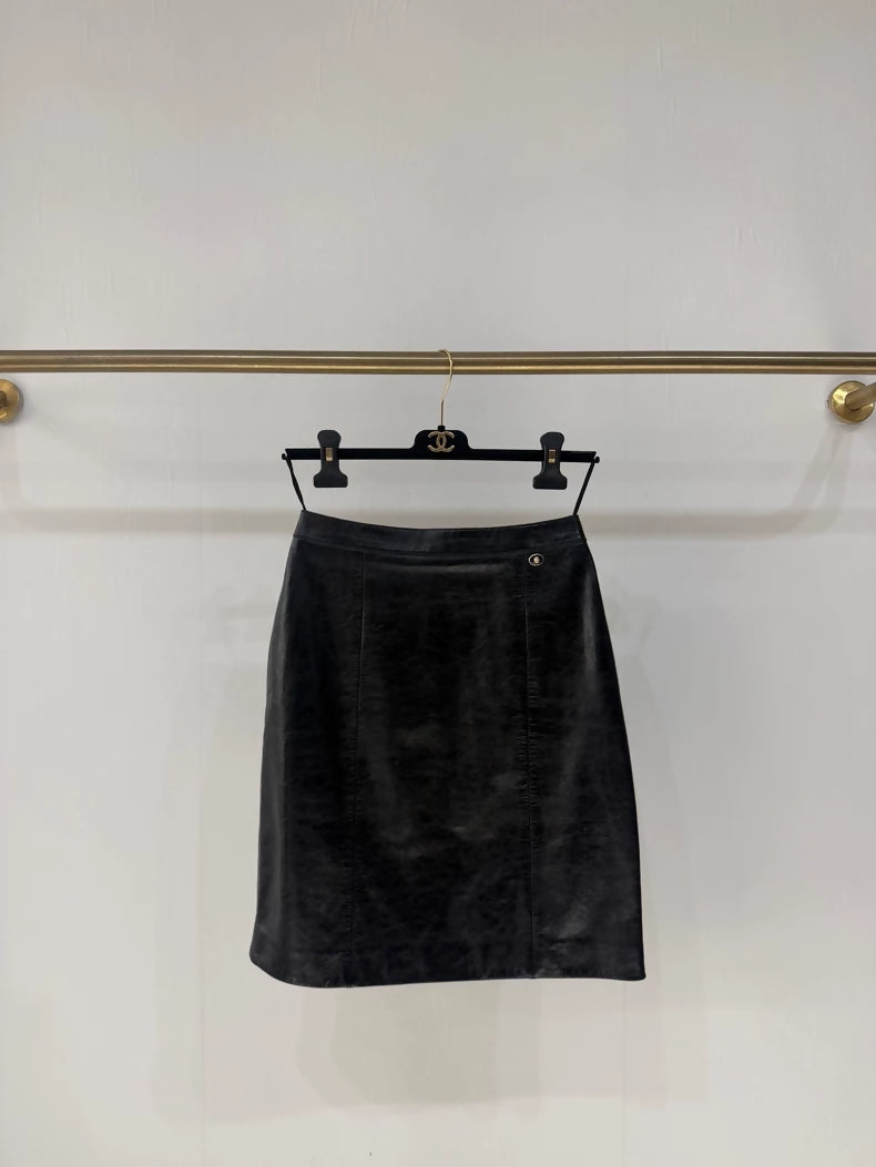 Chanel 24A black Leather Midi Skirt