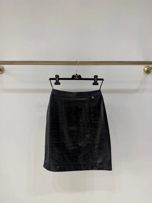 Chanel 24A black Leather Midi Skirt