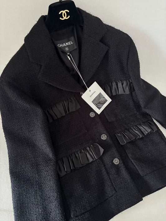 Chanel 26P Black Tweed Ruffled Jacket