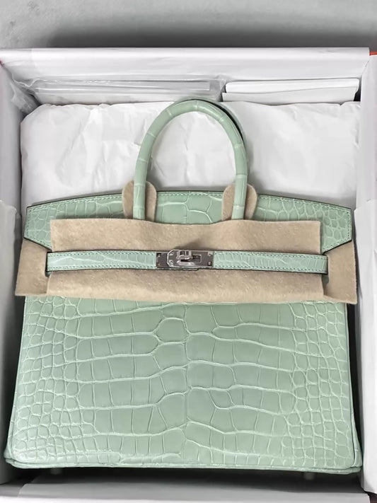 Hermes Birkin 25 6U Vert d'Eau matte crocodile leather palladium hardware