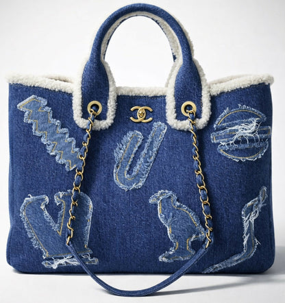 Chanel 19A New York Egypt Denim Shearling Hieroglyph Coco Shopping Tote
