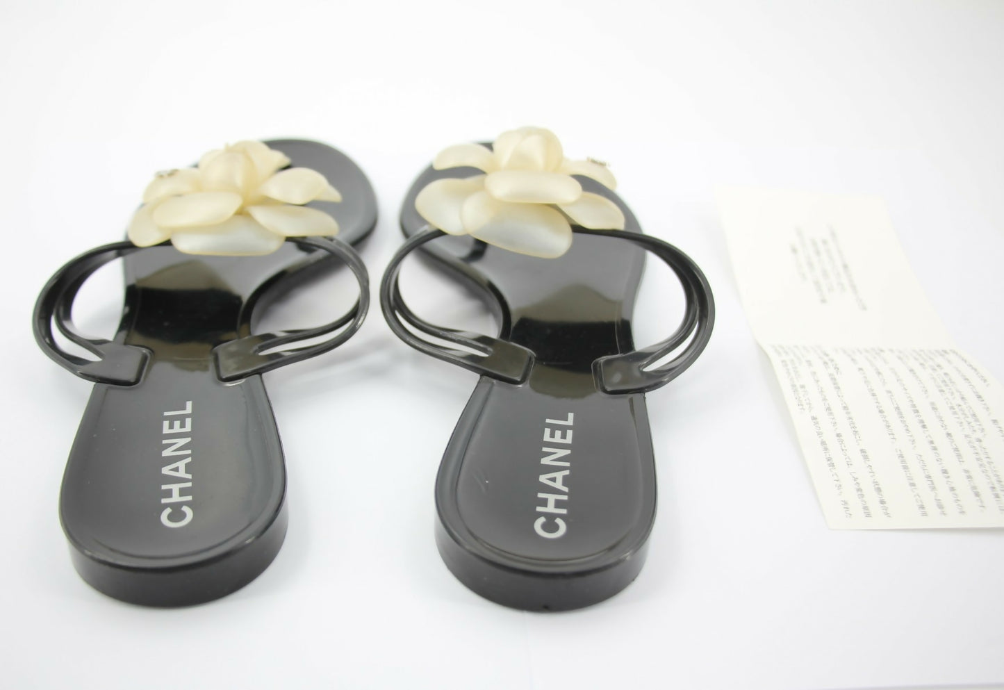 Chanel Rubber Black Leather Cream Camellia Sandals