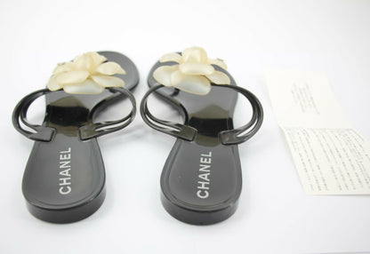 Chanel Rubber Black Leather Cream Camellia Sandals