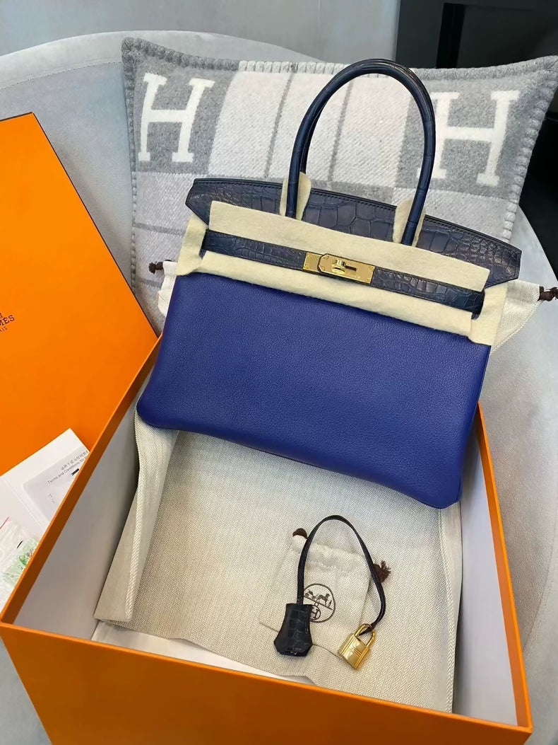 Hermes Birkin touch 30 in blue togo & matte crocodile leather gold hardware
