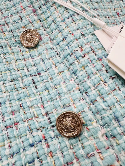 Chanel 25a lake blue tweed jacket, F36, gold buttons