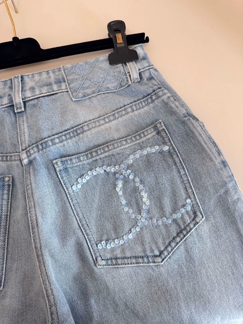 Chanel 25S light blue double C sequined wide-leg pants
