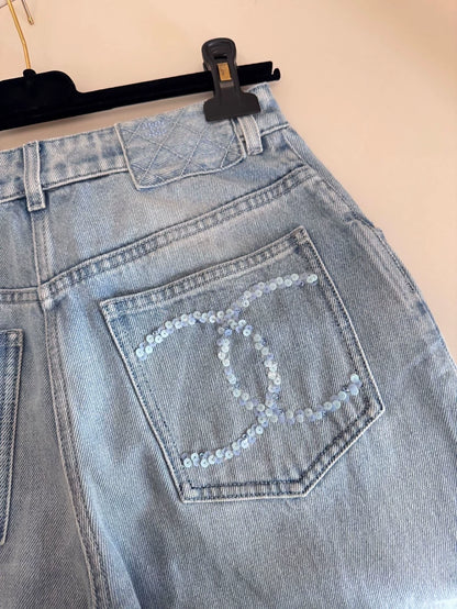 Chanel 25S light blue double C sequined wide-leg pants