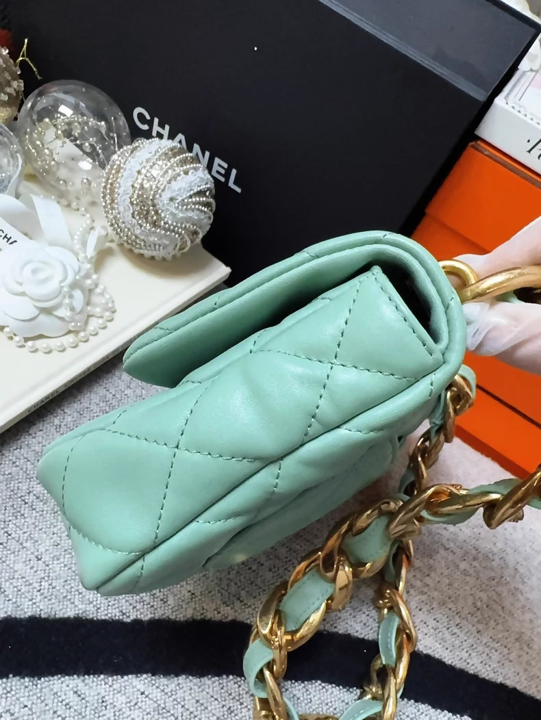 Chanel 23P mint green square shoulder bag with gold chunky chain